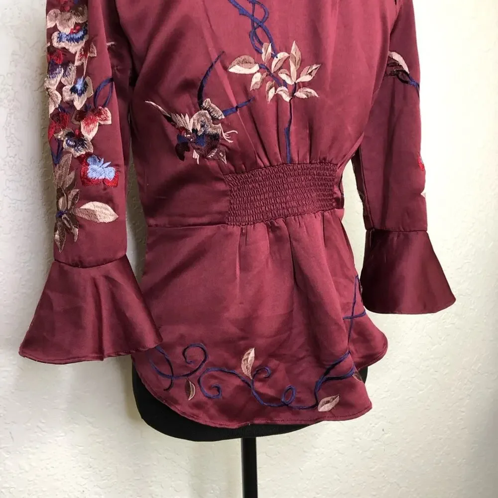 Free People maroon red embroidered floral collared hook front top size Small
